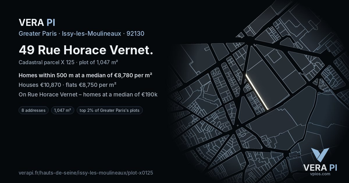 49 Rue Horace Vernet, Issy-les-Moulineaux at night – the plot lit, the parcels around coloured by the prices near them