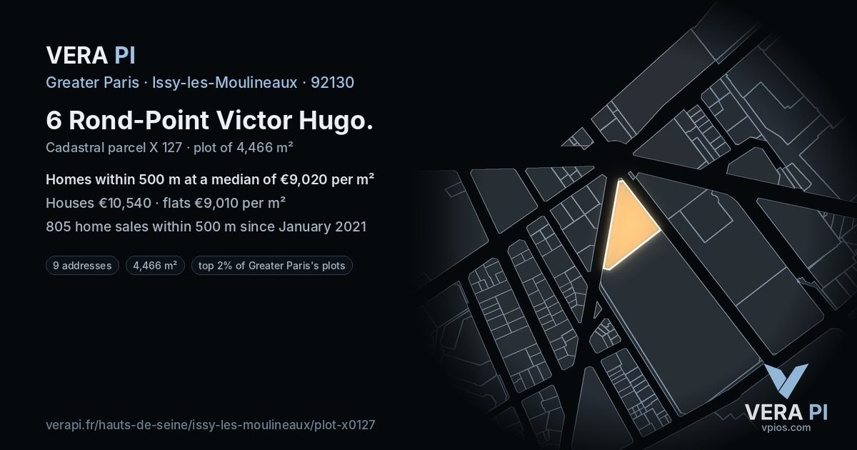 6 Rond-Point Victor Hugo, Issy-les-Moulineaux at night – the plot lit, the parcels around coloured by the prices near them