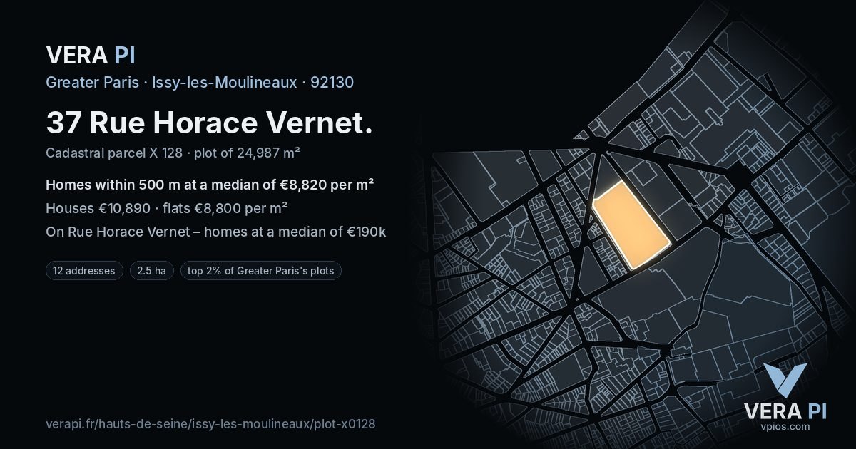 37 Rue Horace Vernet, Issy-les-Moulineaux at night – the plot lit, the parcels around coloured by the prices near them
