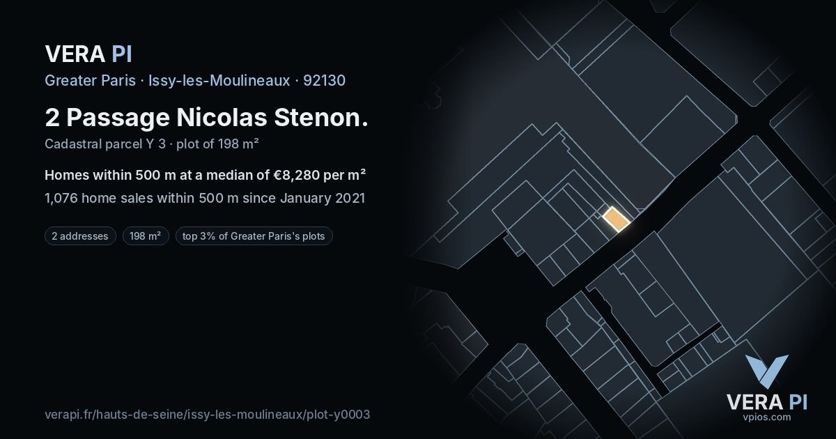 2 Passage Nicolas Stenon, Issy-les-Moulineaux at night – the plot lit, the parcels around coloured by the prices near them