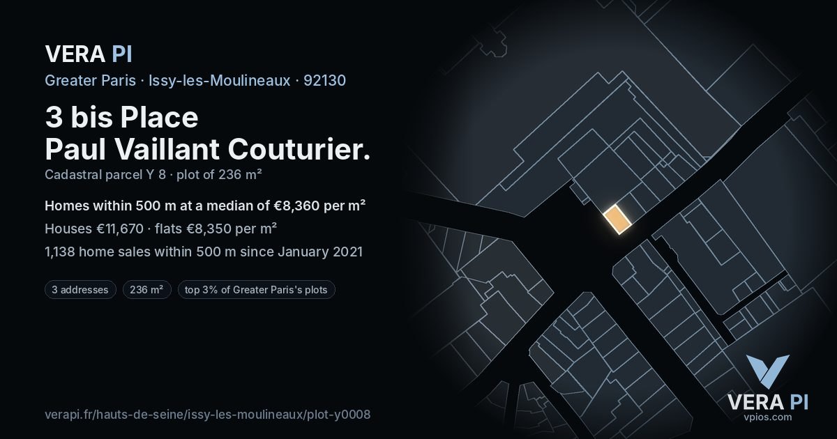 3 bis Place Paul Vaillant Couturier, Issy-les-Moulineaux at night – the plot lit, the parcels around coloured by the prices near them
