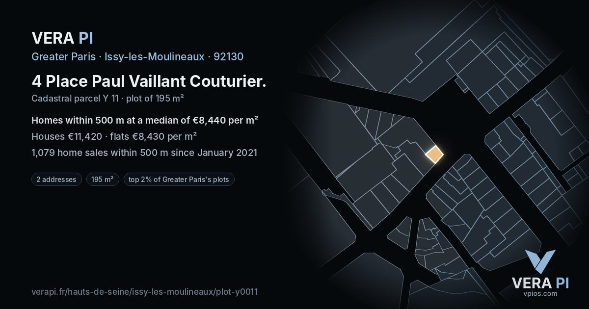 4 Place Paul Vaillant Couturier, Issy-les-Moulineaux at night – the plot lit, the parcels around coloured by the prices near them