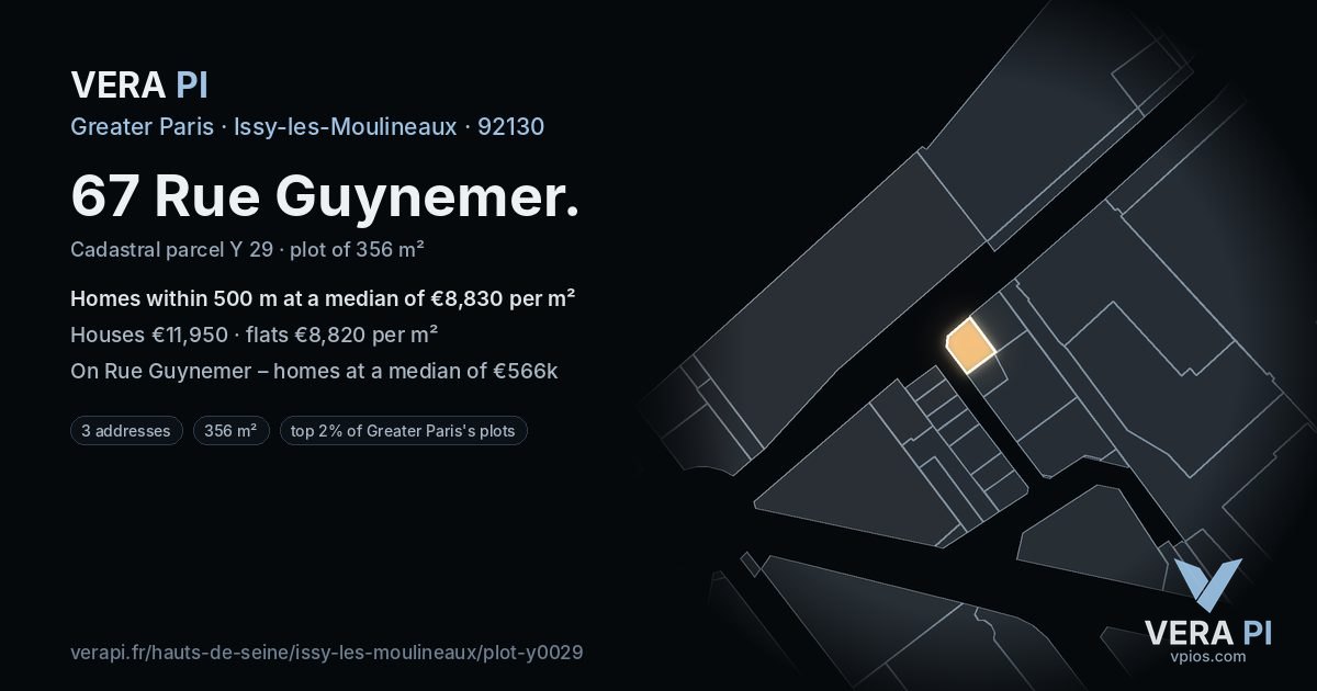 67 Rue Guynemer, Issy-les-Moulineaux at night – the plot lit, the parcels around coloured by the prices near them