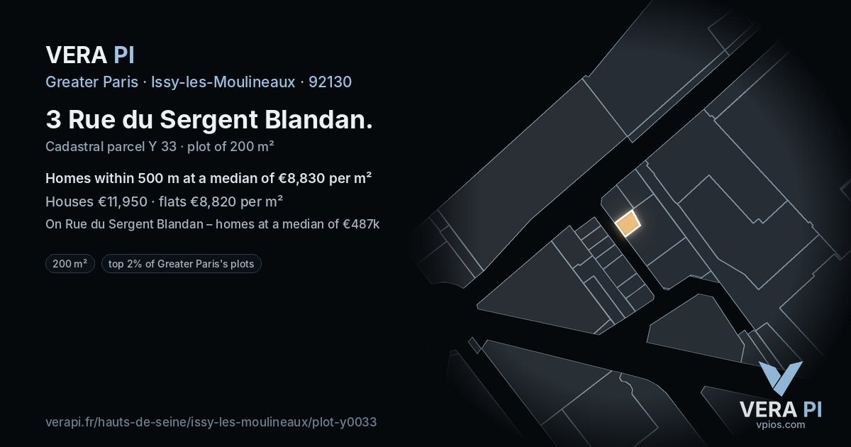 3 Rue du Sergent Blandan, Issy-les-Moulineaux at night – the plot lit, the parcels around coloured by the prices near them