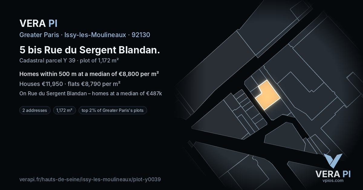 5 bis Rue du Sergent Blandan, Issy-les-Moulineaux at night – the plot lit, the parcels around coloured by the prices near them