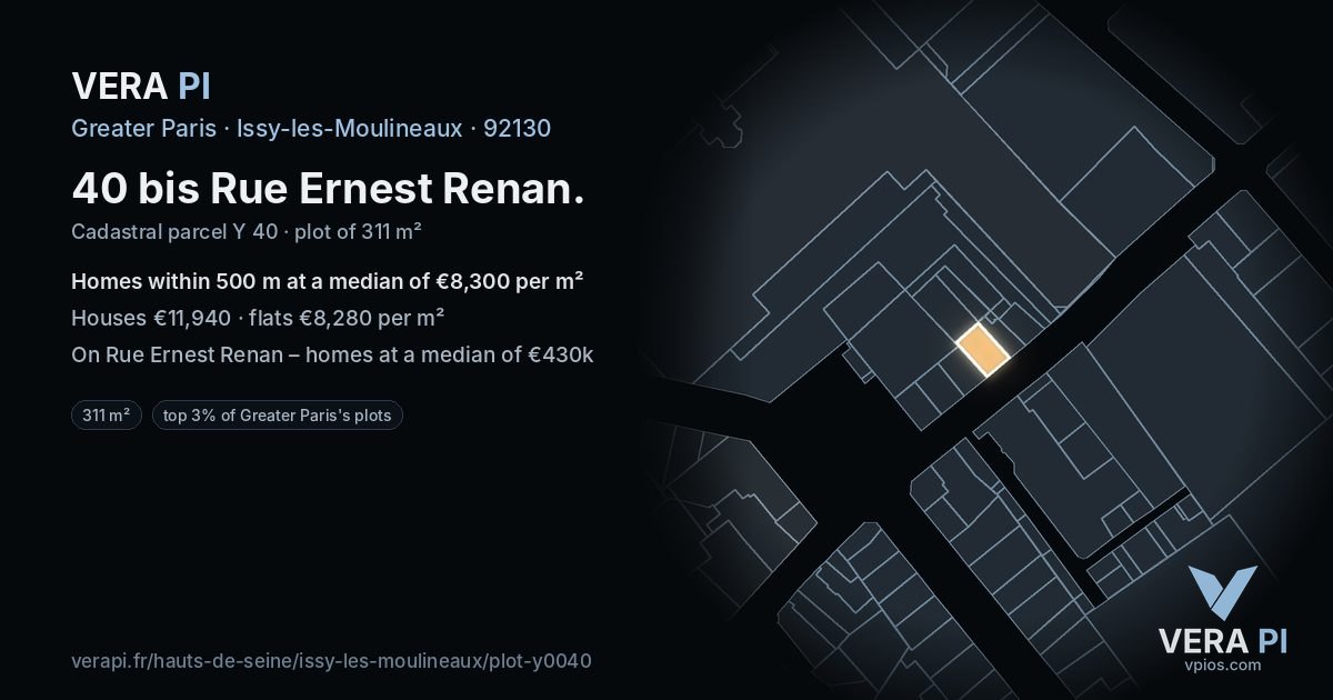 40 bis Rue Ernest Renan, Issy-les-Moulineaux at night – the plot lit, the parcels around coloured by the prices near them