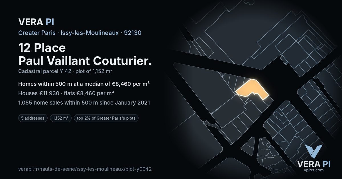 12 Place Paul Vaillant Couturier, Issy-les-Moulineaux at night – the plot lit, the parcels around coloured by the prices near them