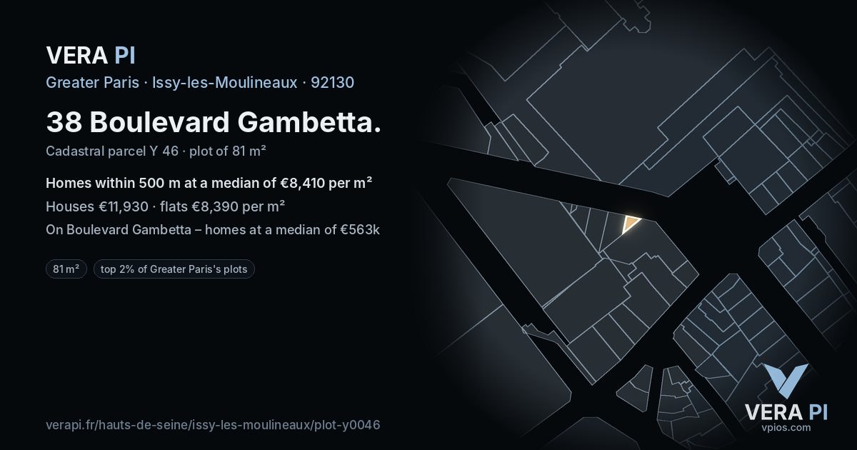 38 Boulevard Gambetta, Issy-les-Moulineaux at night – the plot lit, the parcels around coloured by the prices near them