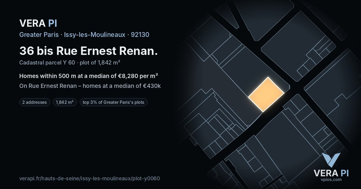 36 bis Rue Ernest Renan, Issy-les-Moulineaux at night – the plot lit, the parcels around coloured by the prices near them