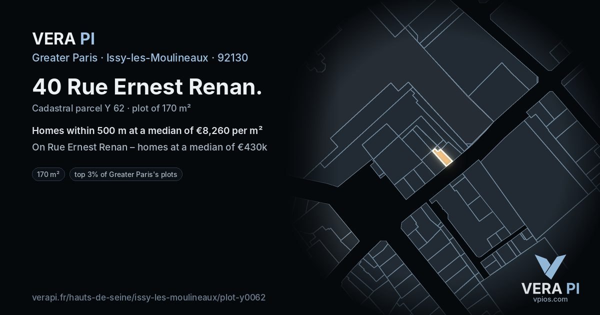 40 Rue Ernest Renan, Issy-les-Moulineaux at night – the plot lit, the parcels around coloured by the prices near them
