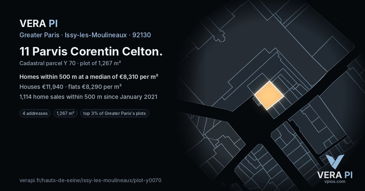 11 Parvis Corentin Celton, Issy-les-Moulineaux at night – the plot lit, the parcels around coloured by the prices near them