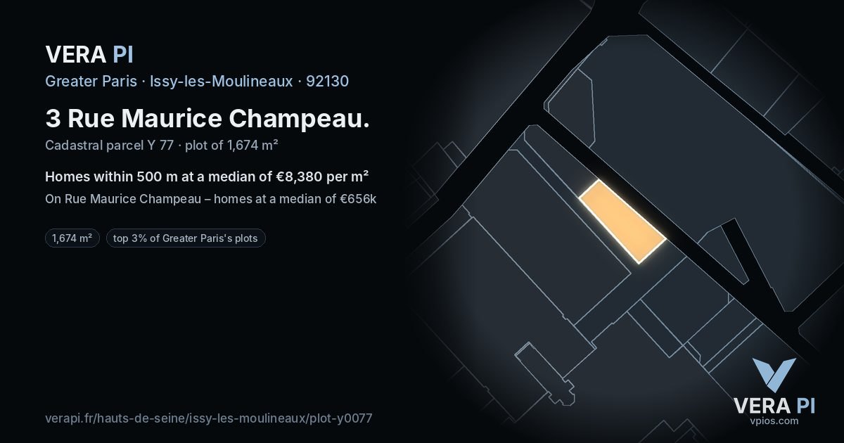 3 Rue Maurice Champeau, Issy-les-Moulineaux at night – the plot lit, the parcels around coloured by the prices near them