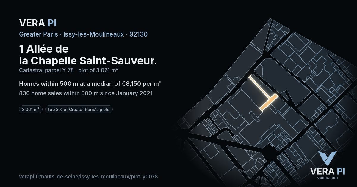 1 Allée de la Chapelle Saint-Sauveur, Issy-les-Moulineaux at night – the plot lit, the parcels around coloured by the prices near them