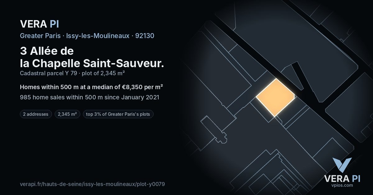 3 Allée de la Chapelle Saint-Sauveur, Issy-les-Moulineaux at night – the plot lit, the parcels around coloured by the prices near them