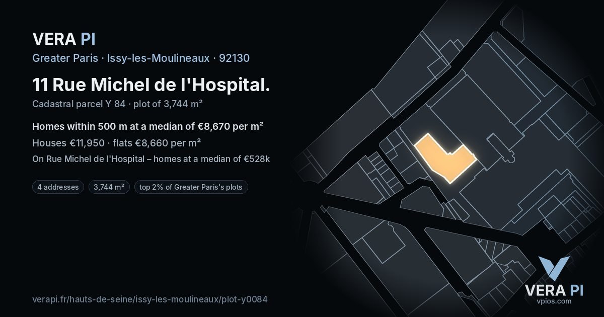 11 Rue Michel de l'Hospital, Issy-les-Moulineaux at night – the plot lit, the parcels around coloured by the prices near them