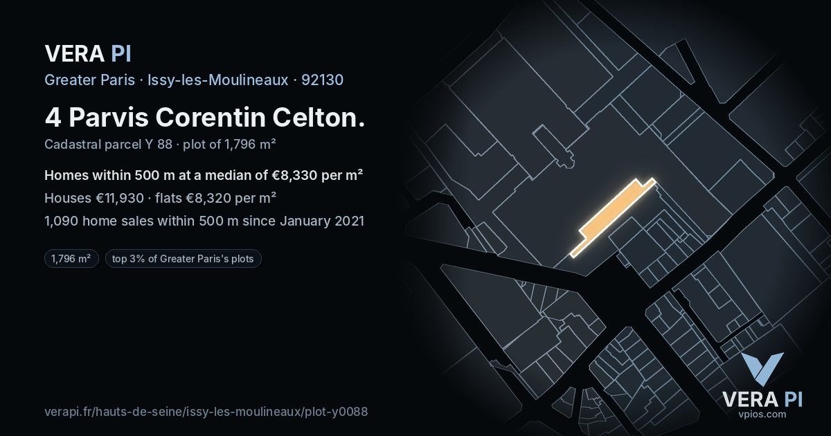 4 Parvis Corentin Celton, Issy-les-Moulineaux at night – the plot lit, the parcels around coloured by the prices near them