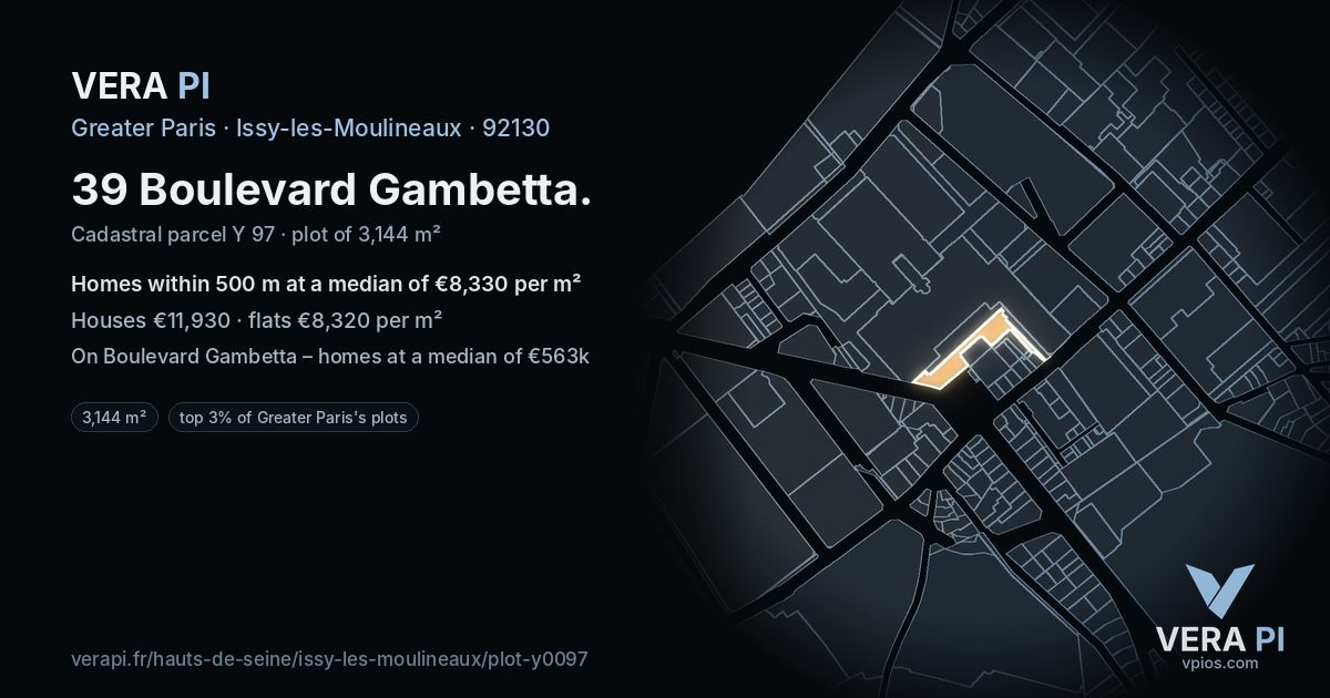 39 Boulevard Gambetta, Issy-les-Moulineaux at night – the plot lit, the parcels around coloured by the prices near them