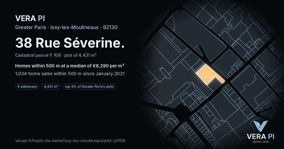 38 Rue Séverine, Issy-les-Moulineaux at night – the plot lit, the parcels around coloured by the prices near them