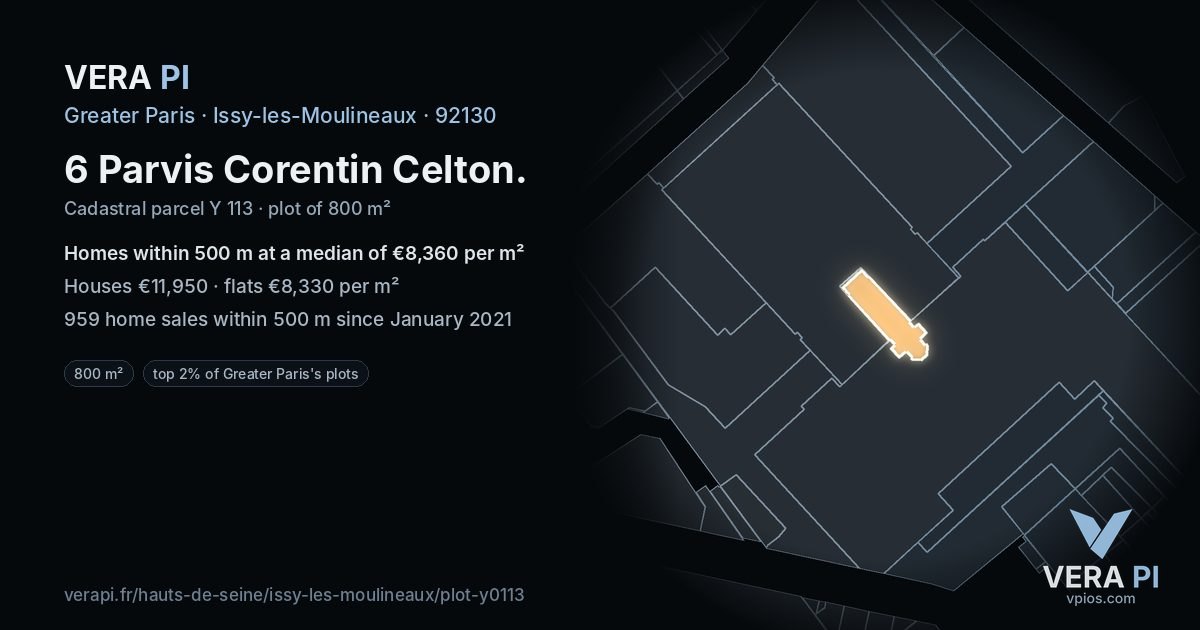 6 Parvis Corentin Celton, Issy-les-Moulineaux at night – the plot lit, the parcels around coloured by the prices near them