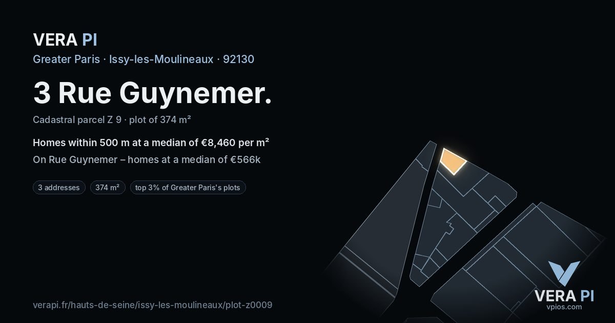 3 Rue Guynemer, Issy-les-Moulineaux at night – the plot lit, the parcels around coloured by the prices near them