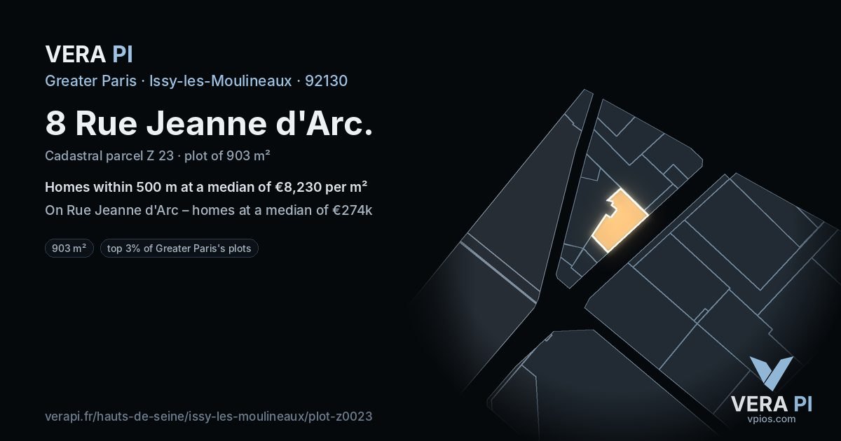 8 Rue Jeanne d'Arc, Issy-les-Moulineaux at night – the plot lit, the parcels around coloured by the prices near them