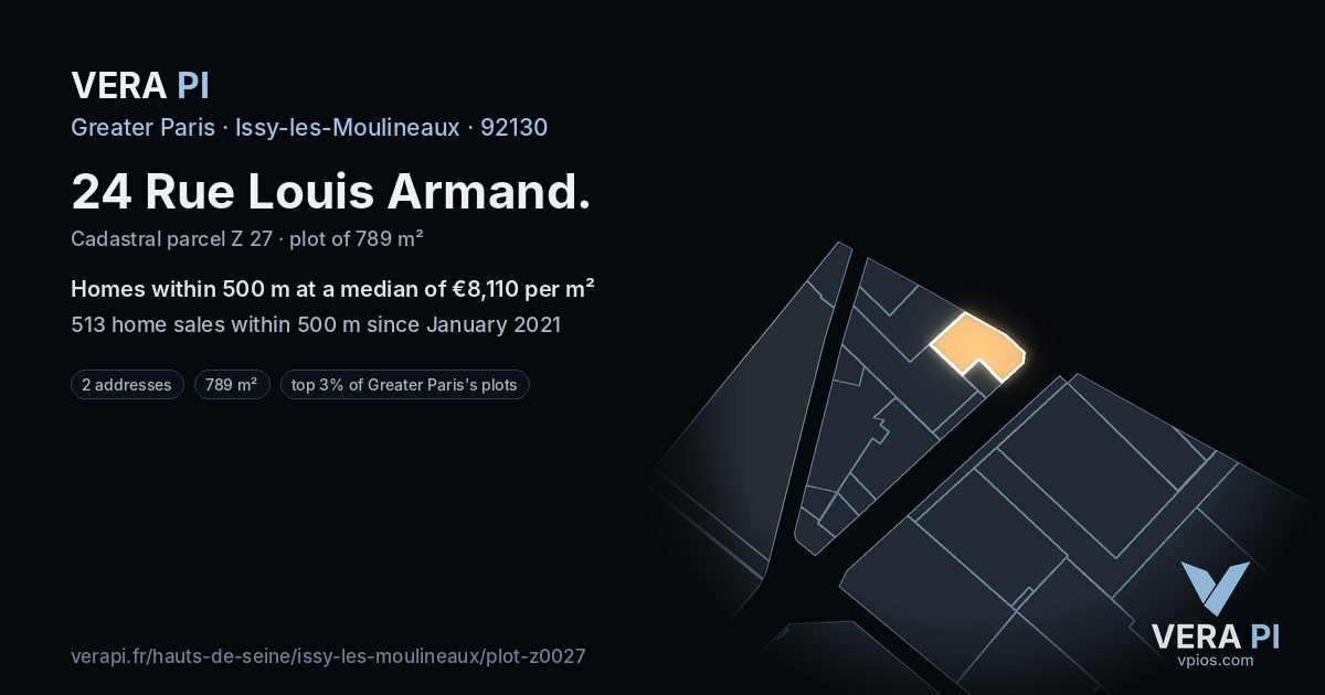 24 Rue Louis Armand, Issy-les-Moulineaux at night – the plot lit, the parcels around coloured by the prices near them