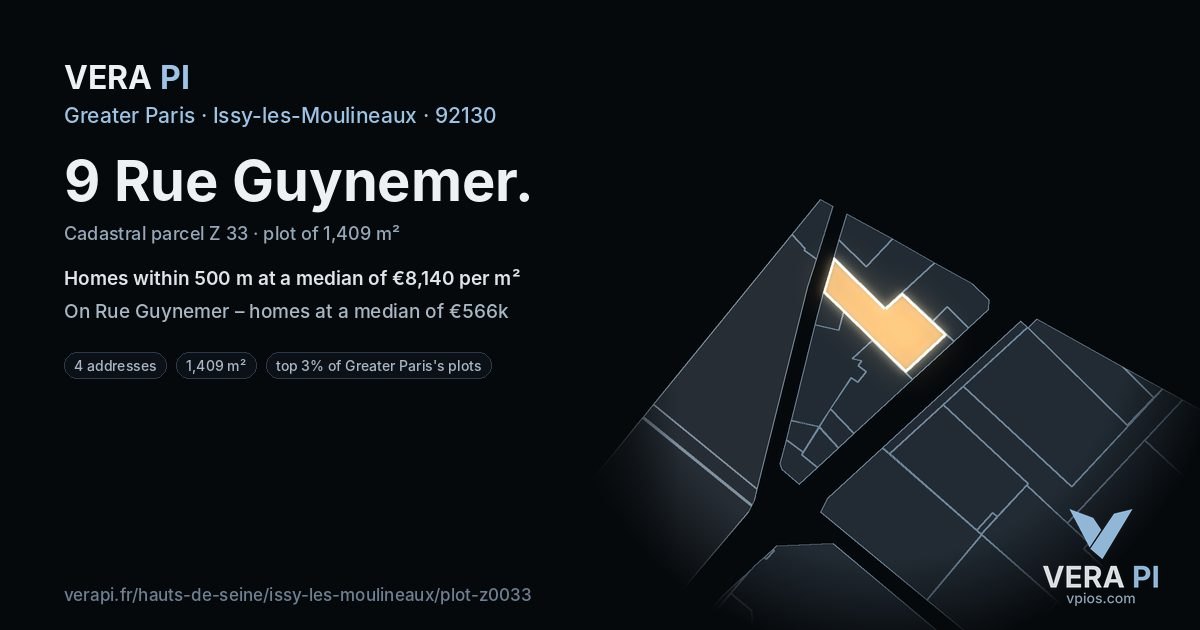 9 Rue Guynemer, Issy-les-Moulineaux at night – the plot lit, the parcels around coloured by the prices near them