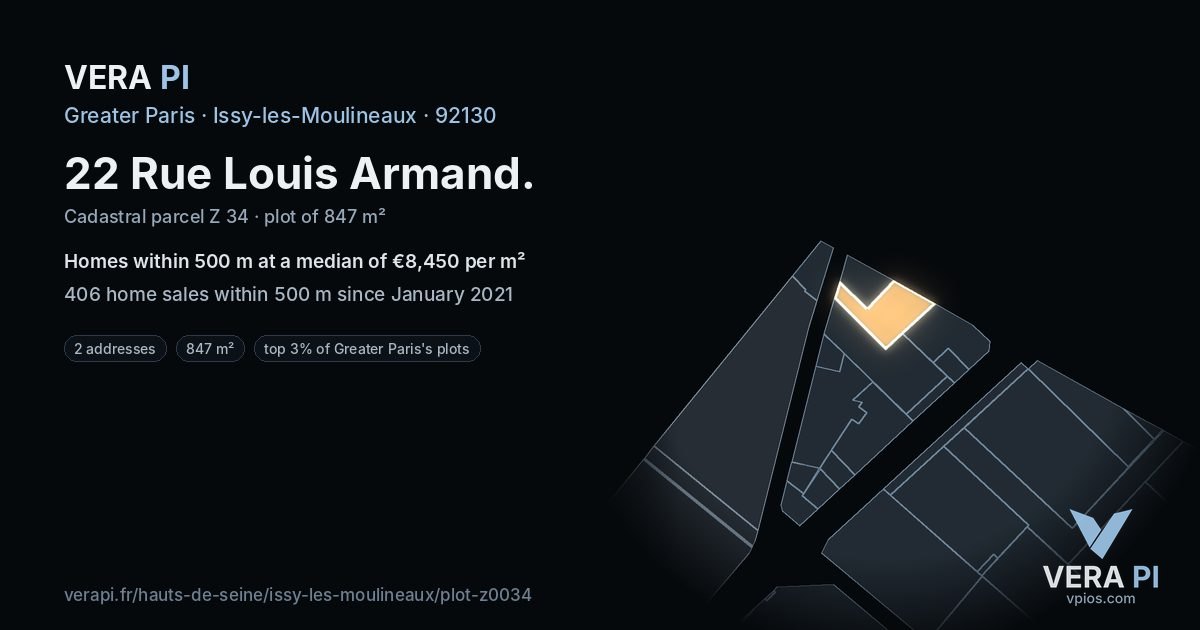 22 Rue Louis Armand, Issy-les-Moulineaux at night – the plot lit, the parcels around coloured by the prices near them