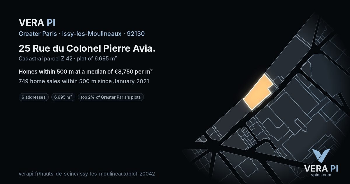 25 Rue du Colonel Pierre Avia, Issy-les-Moulineaux at night – the plot lit, the parcels around coloured by the prices near them