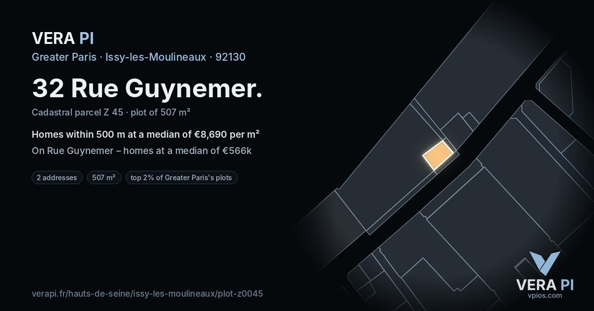 32 Rue Guynemer, Issy-les-Moulineaux at night – the plot lit, the parcels around coloured by the prices near them
