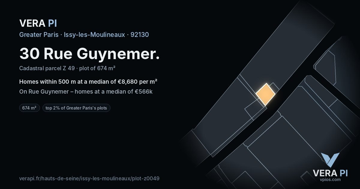 30 Rue Guynemer, Issy-les-Moulineaux at night – the plot lit, the parcels around coloured by the prices near them