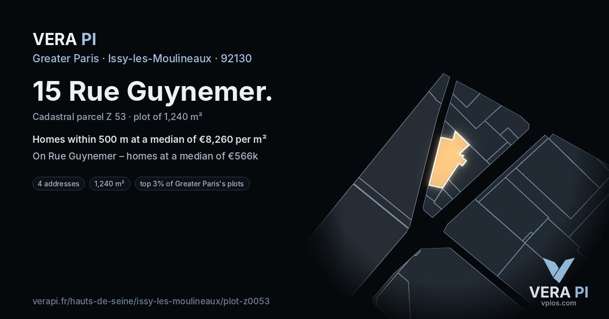 15 Rue Guynemer, Issy-les-Moulineaux at night – the plot lit, the parcels around coloured by the prices near them
