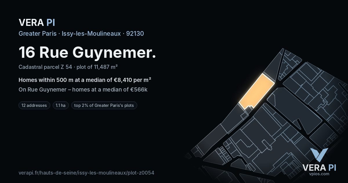 16 Rue Guynemer, Issy-les-Moulineaux at night – the plot lit, the parcels around coloured by the prices near them