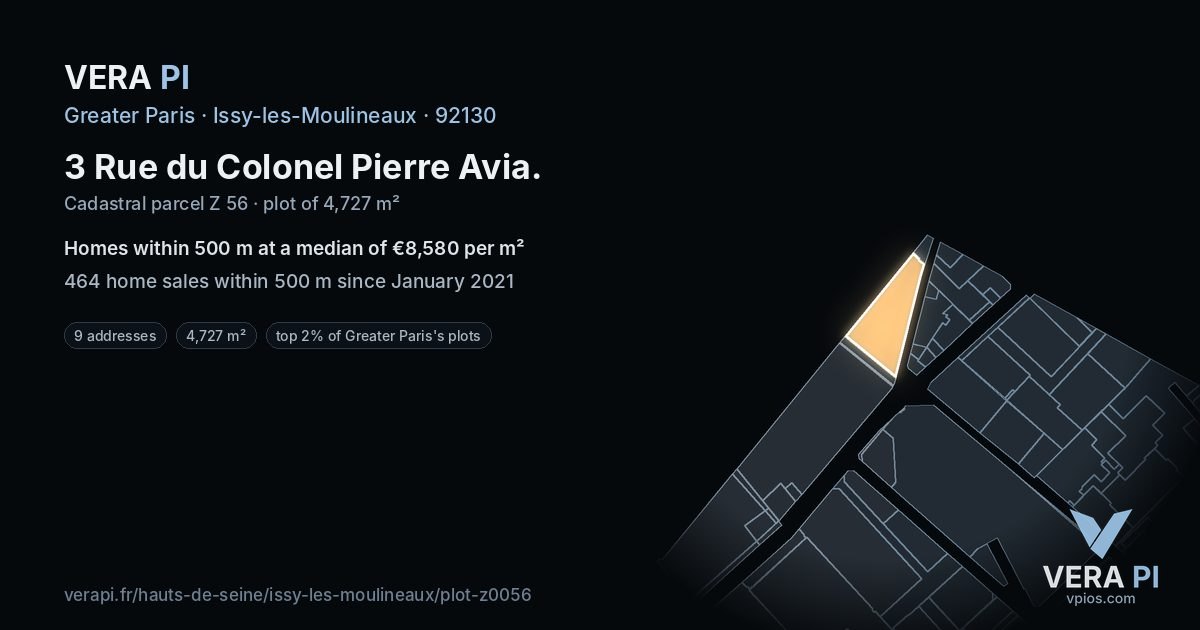 3 Rue du Colonel Pierre Avia, Issy-les-Moulineaux at night – the plot lit, the parcels around coloured by the prices near them