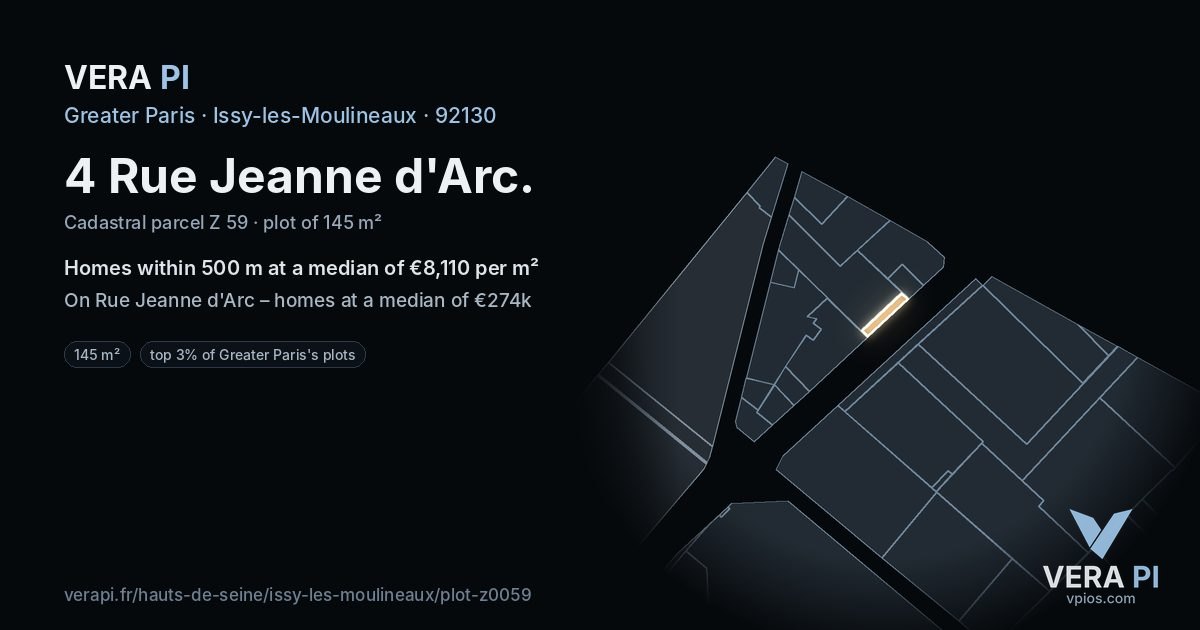 4 Rue Jeanne d'Arc, Issy-les-Moulineaux at night – the plot lit, the parcels around coloured by the prices near them