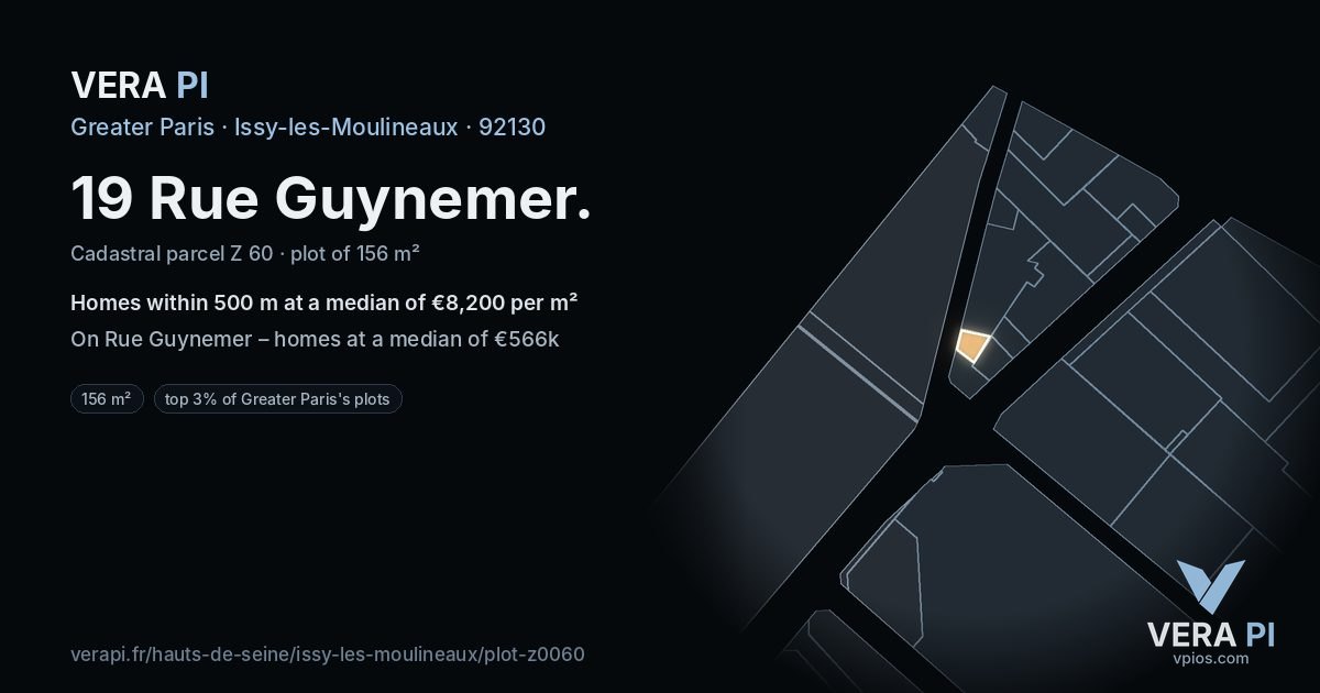 19 Rue Guynemer, Issy-les-Moulineaux at night – the plot lit, the parcels around coloured by the prices near them