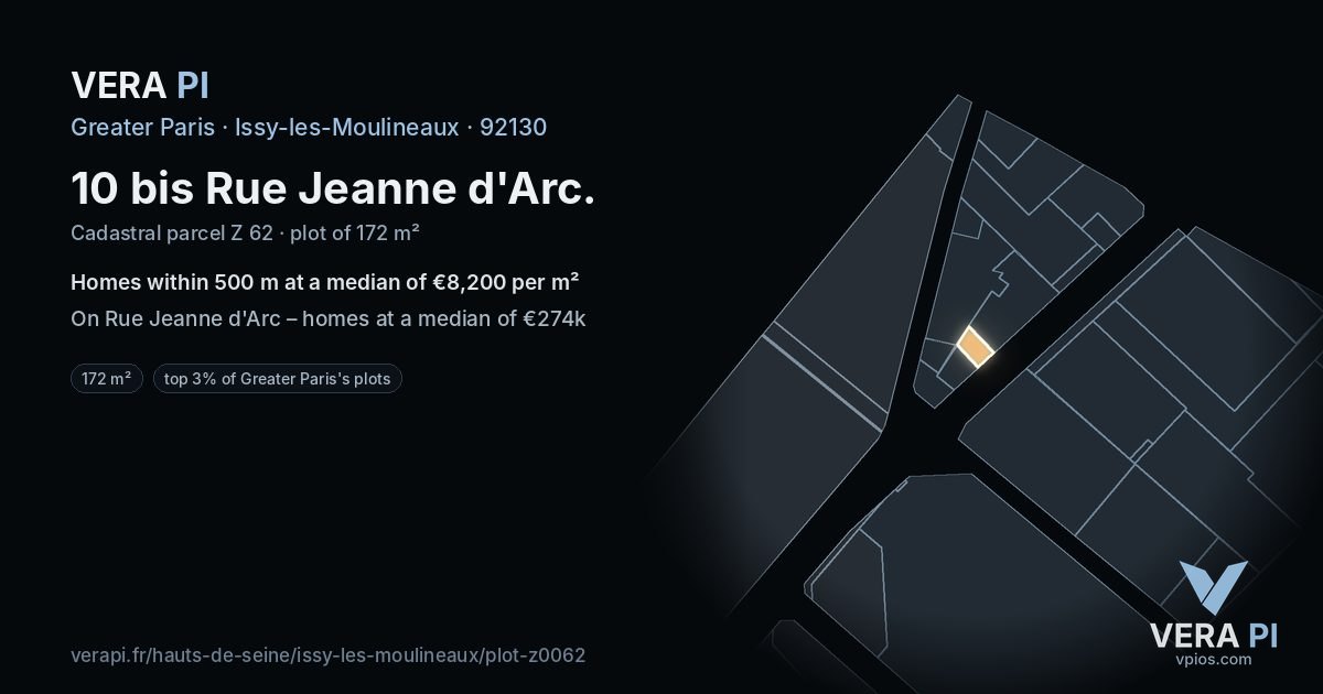 10 bis Rue Jeanne d'Arc, Issy-les-Moulineaux at night – the plot lit, the parcels around coloured by the prices near them
