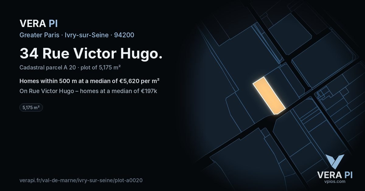 34 Rue Victor Hugo, Ivry-sur-Seine at night – the plot lit, the parcels around coloured by the prices near them