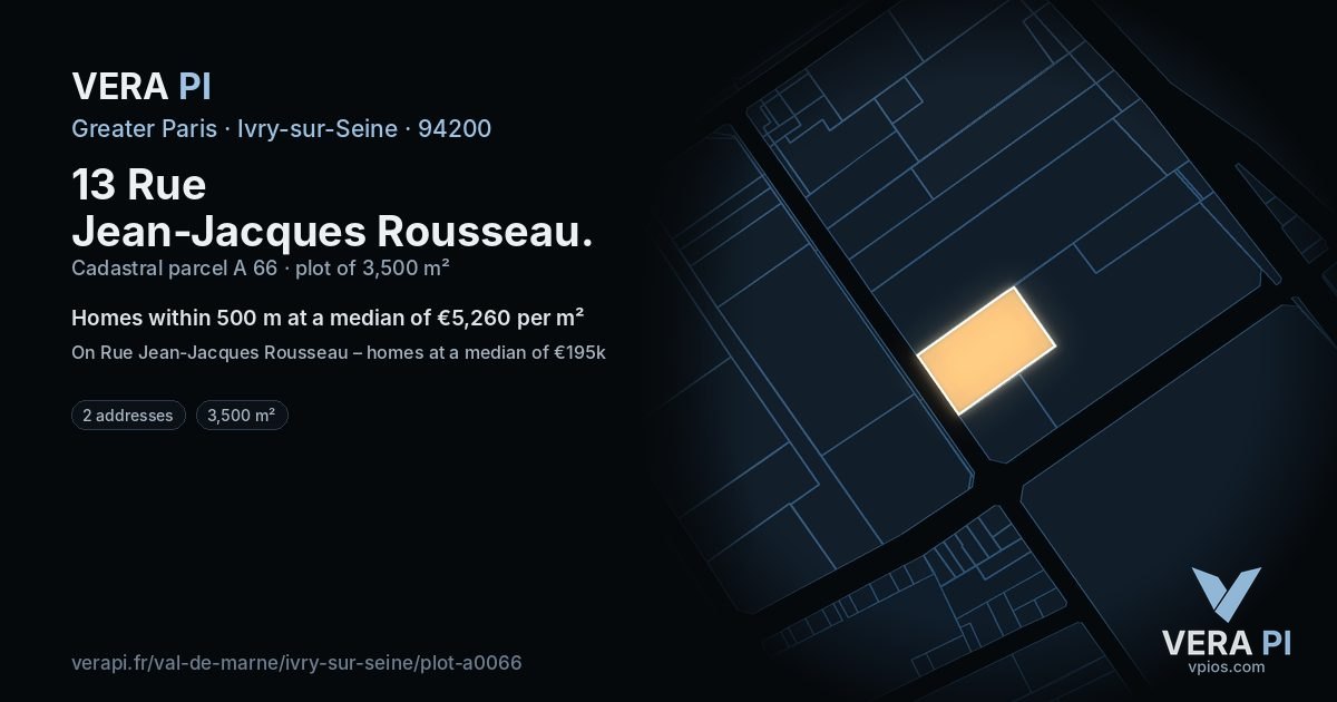13 Rue Jean-Jacques Rousseau, Ivry-sur-Seine at night – the plot lit, the parcels around coloured by the prices near them