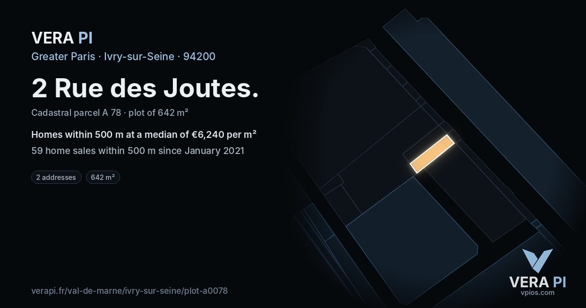 2 Rue des Joutes, Ivry-sur-Seine at night – the plot lit, the parcels around coloured by the prices near them