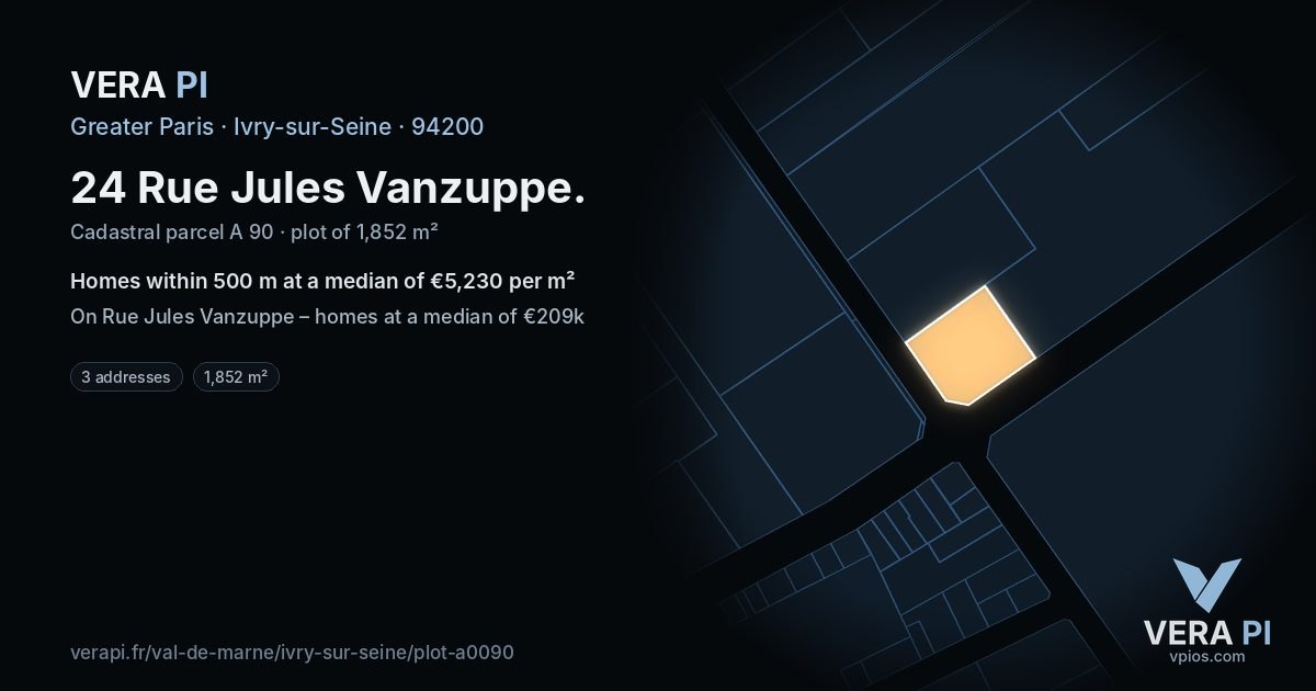 24 Rue Jules Vanzuppe, Ivry-sur-Seine at night – the plot lit, the parcels around coloured by the prices near them