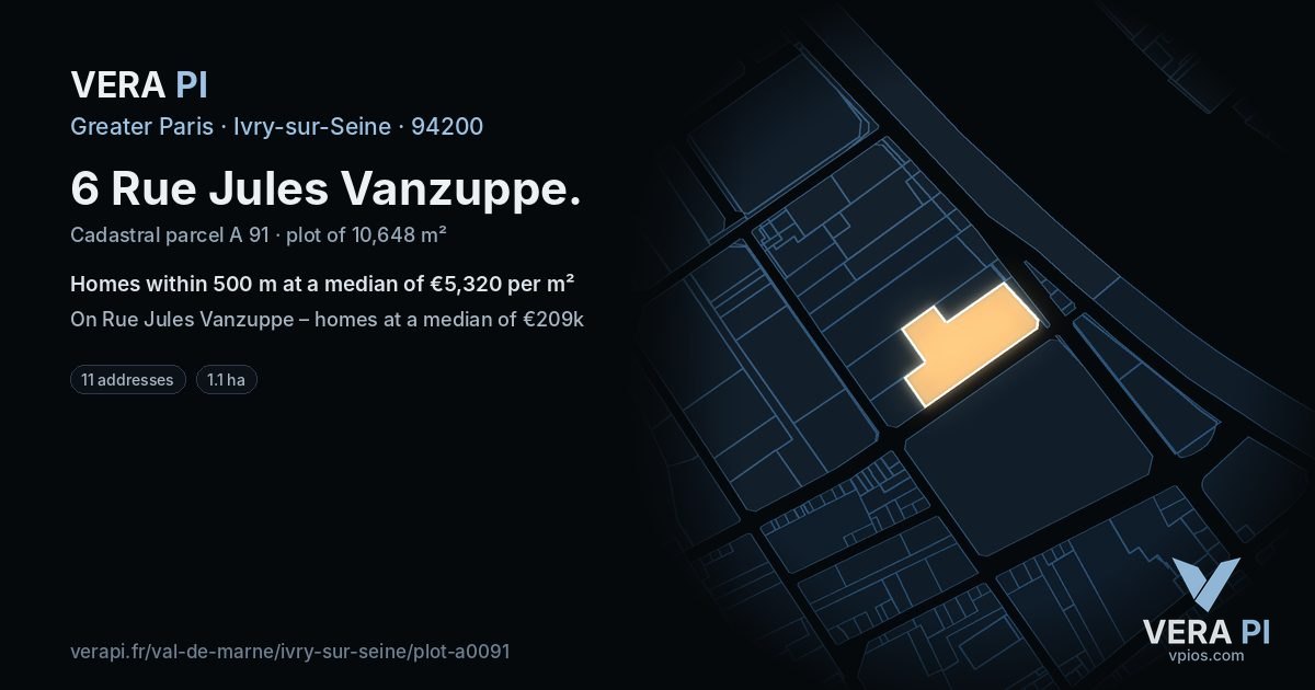 6 Rue Jules Vanzuppe, Ivry-sur-Seine at night – the plot lit, the parcels around coloured by the prices near them