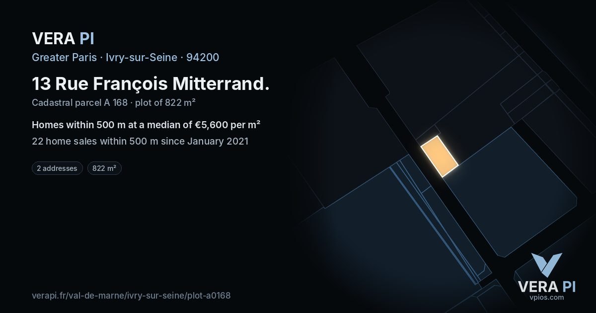 13 Rue François Mitterrand, Ivry-sur-Seine at night – the plot lit, the parcels around coloured by the prices near them