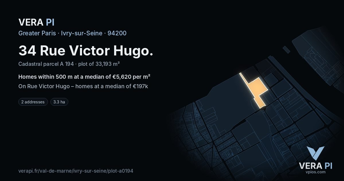 34 Rue Victor Hugo, Ivry-sur-Seine at night – the plot lit, the parcels around coloured by the prices near them