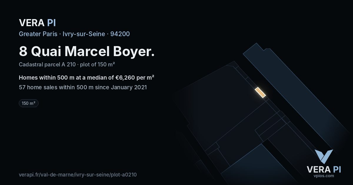 8 Quai Marcel Boyer, Ivry-sur-Seine at night – the plot lit, the parcels around coloured by the prices near them