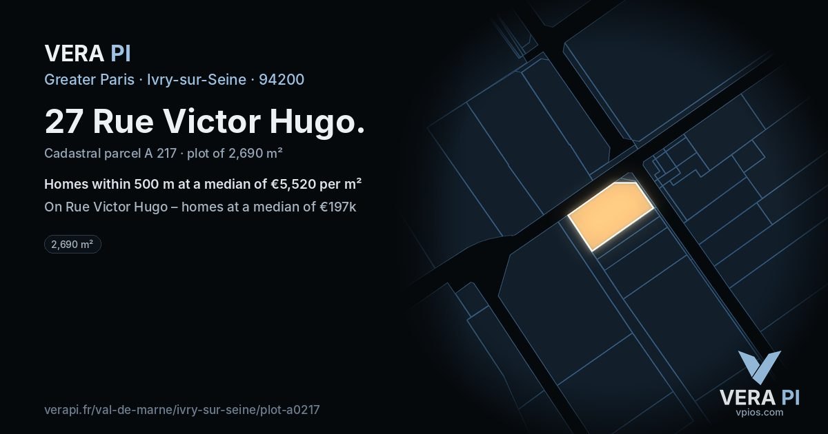 27 Rue Victor Hugo, Ivry-sur-Seine at night – the plot lit, the parcels around coloured by the prices near them