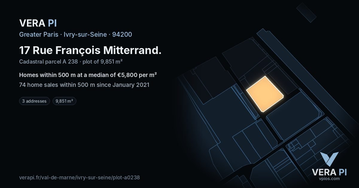 17 Rue François Mitterrand, Ivry-sur-Seine at night – the plot lit, the parcels around coloured by the prices near them