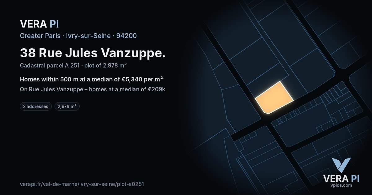 38 Rue Jules Vanzuppe, Ivry-sur-Seine at night – the plot lit, the parcels around coloured by the prices near them