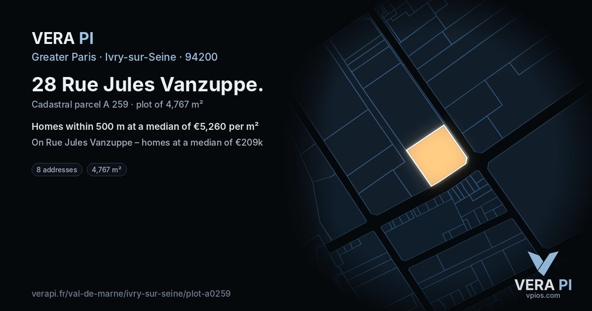 28 Rue Jules Vanzuppe, Ivry-sur-Seine at night – the plot lit, the parcels around coloured by the prices near them
