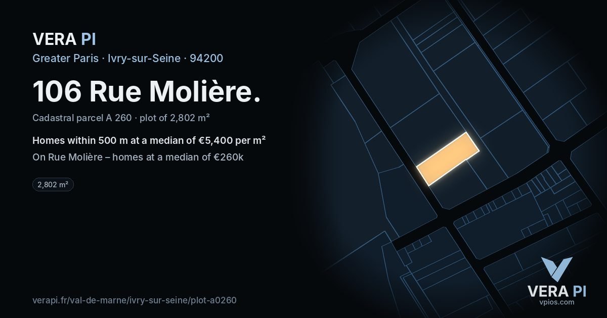 106 Rue Molière, Ivry-sur-Seine at night – the plot lit, the parcels around coloured by the prices near them